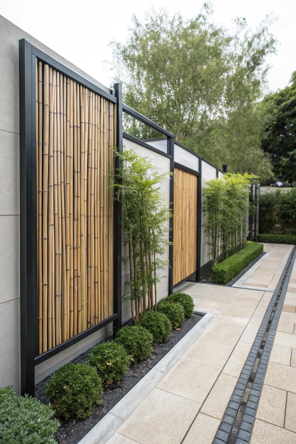 Metal frames with bamboo panels create a sleek, modern look.