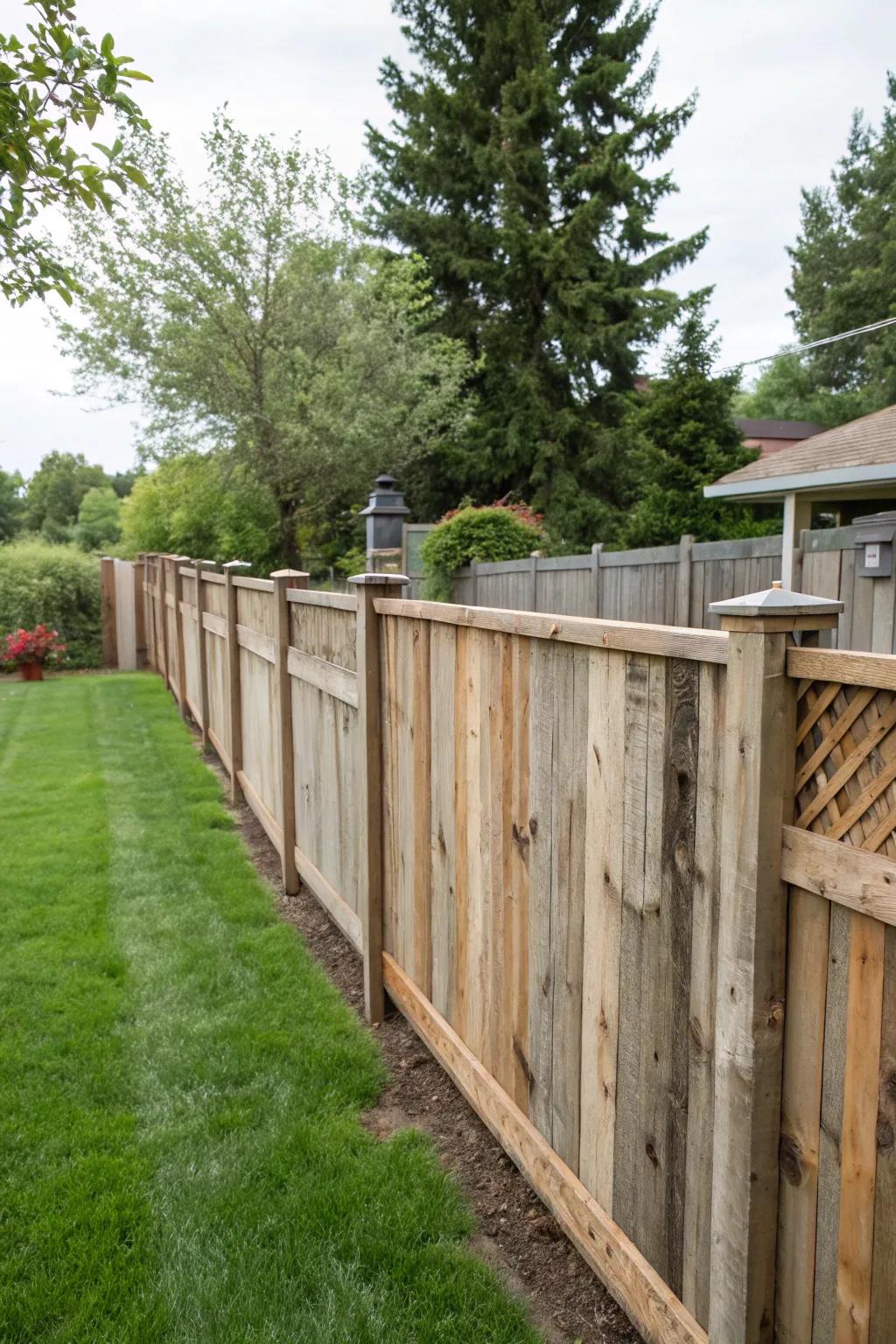 A rustic fence built from repurposed materials.