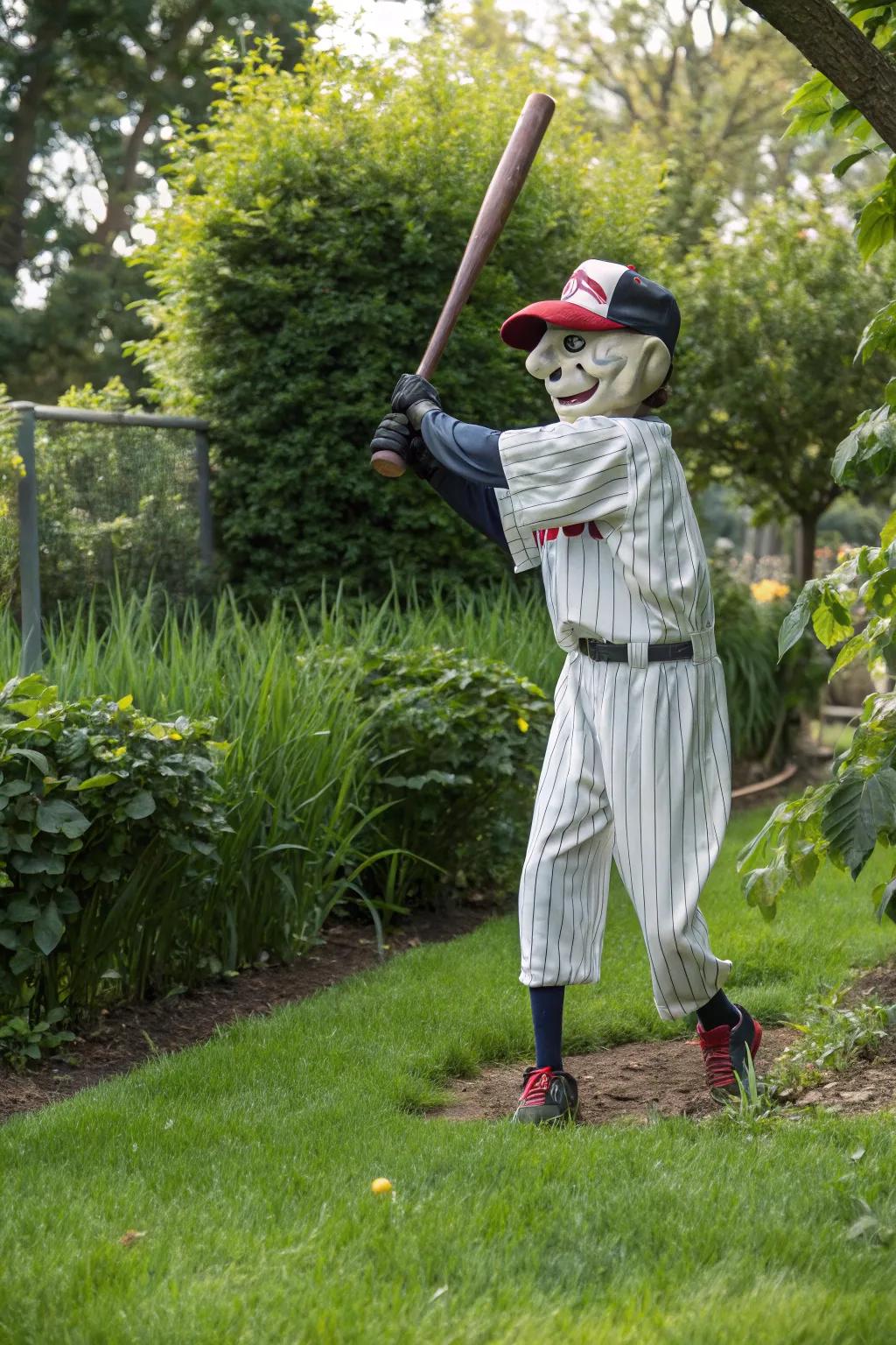 A sports star scarecrow ready to play ball.