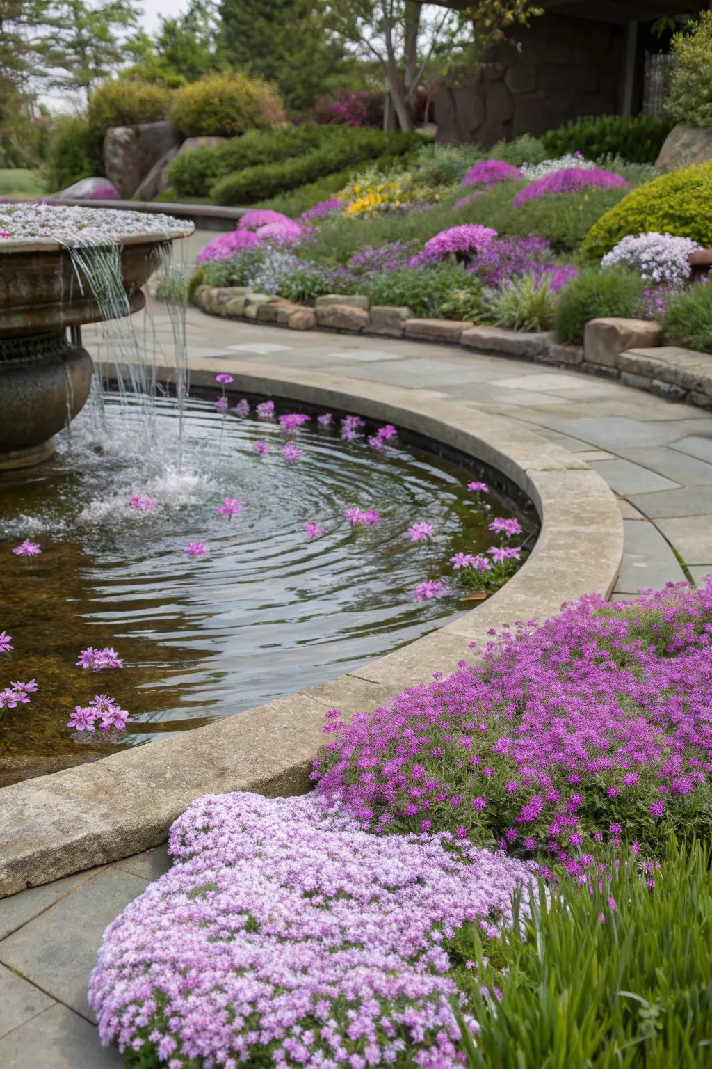 Creeping phlox accentuating a serene water feature.