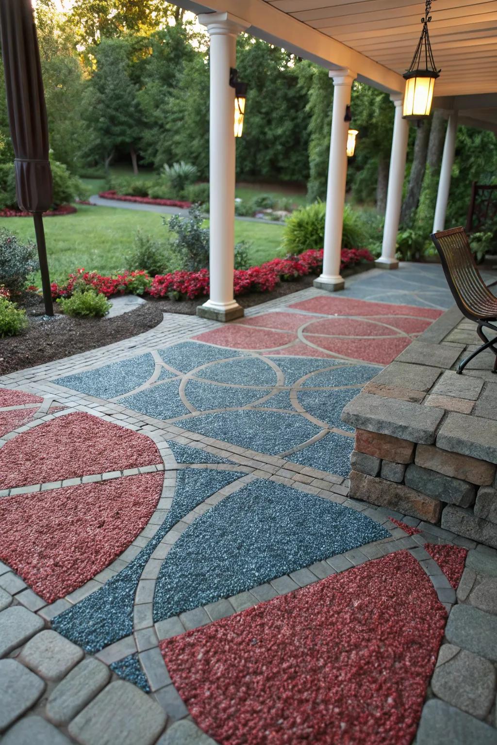 Colorful crushed granite combinations bring a playful twist to patios.