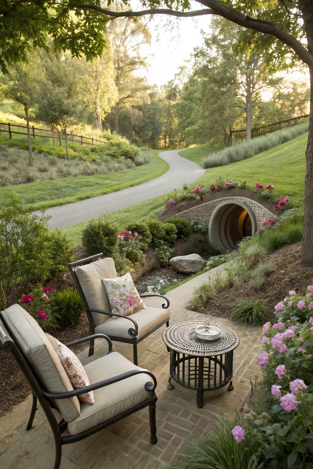 Seating areas provide a cozy retreat by the culvert.