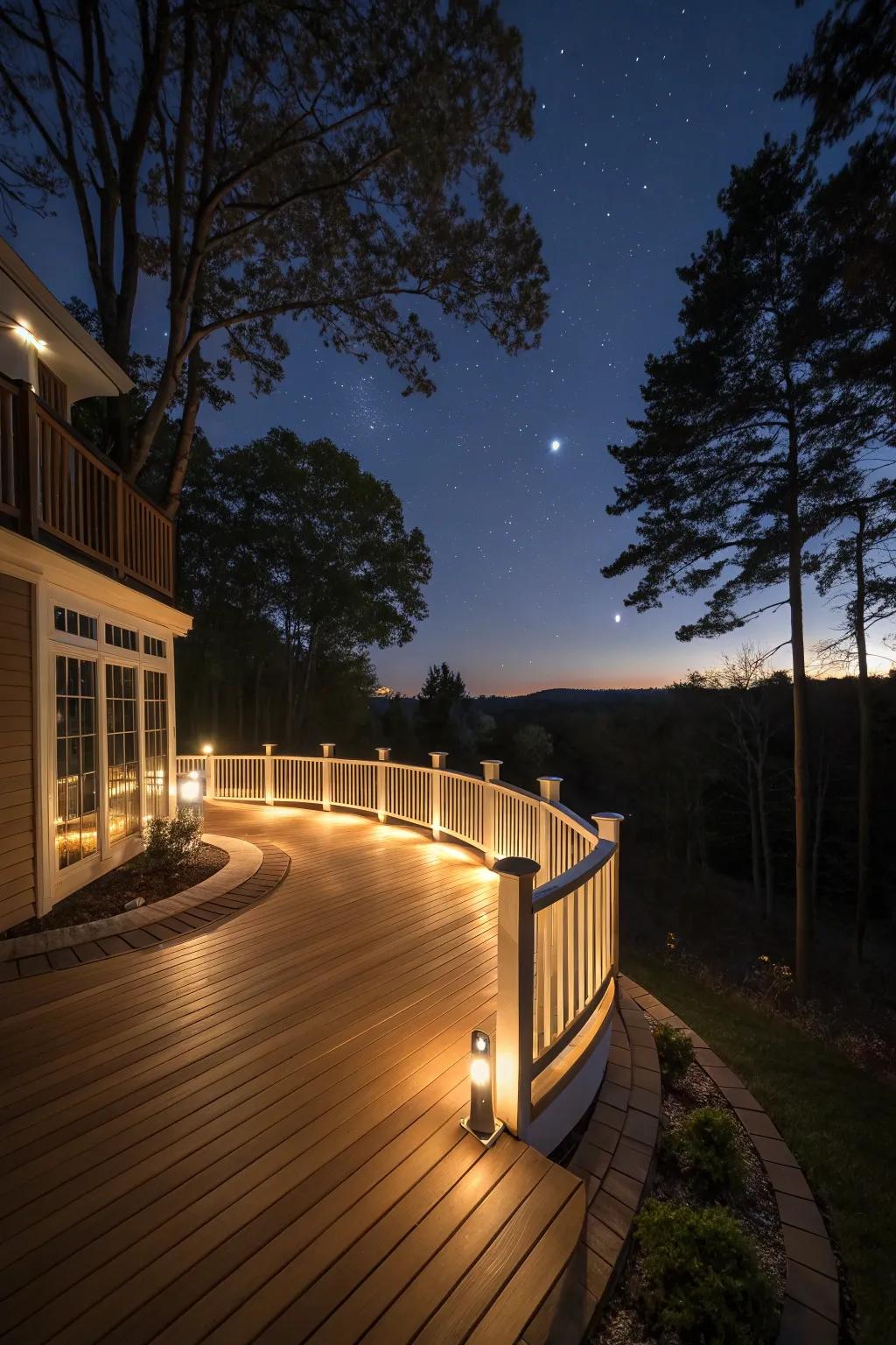 A deck beautifully lit to accentuate its curves and create a warm glow.
