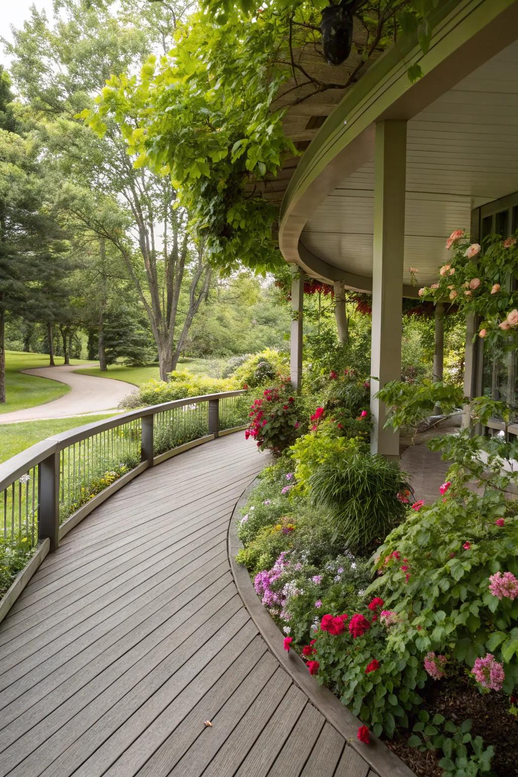 A garden border that enhances the curves of the deck.
