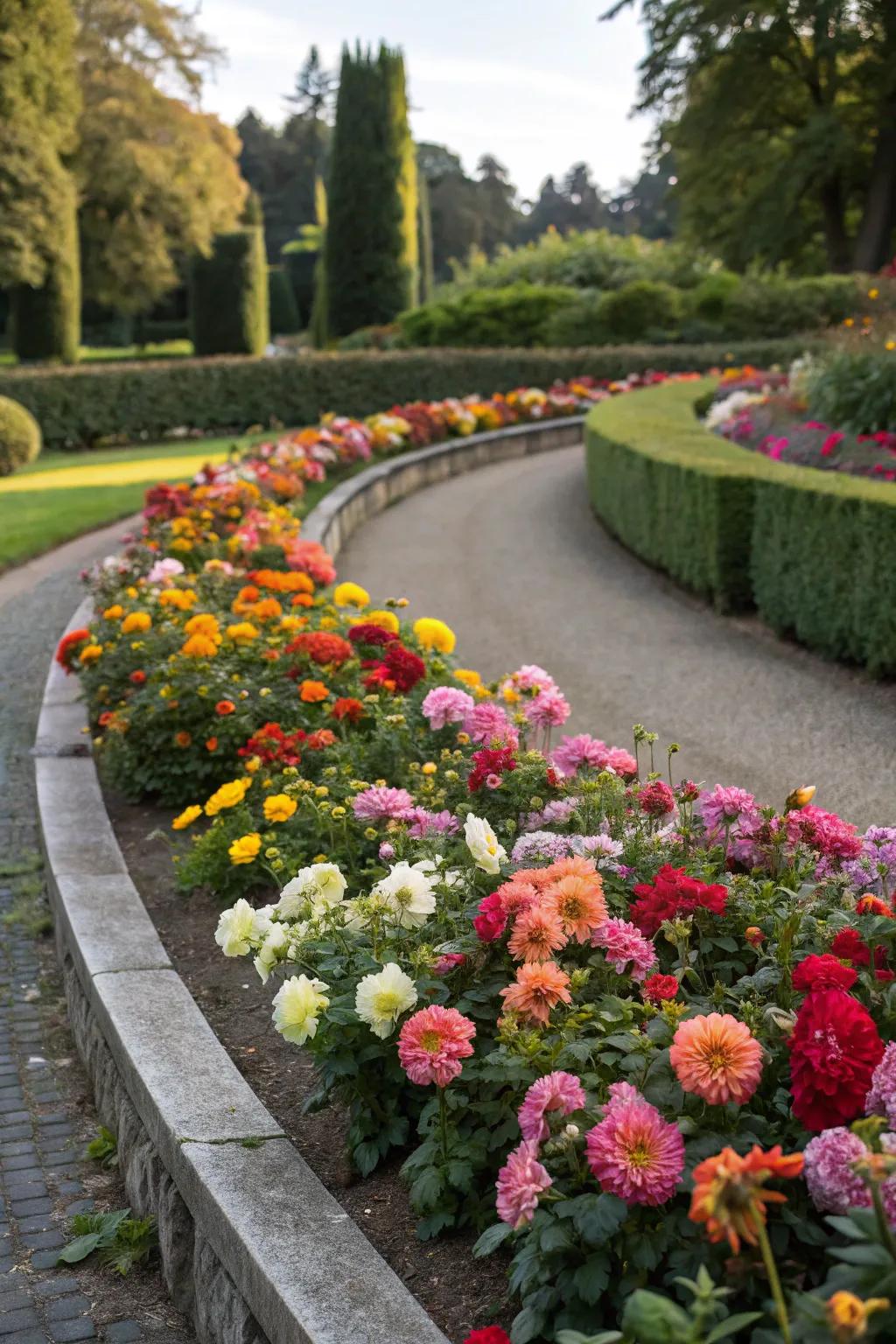Seasonal blooms keep curved beds dynamic all year.