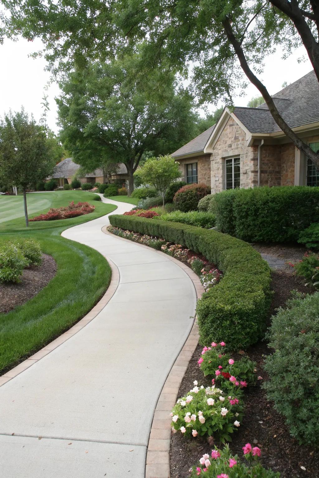 A wide curved walkway designed for side-by-side walking in a front yard.