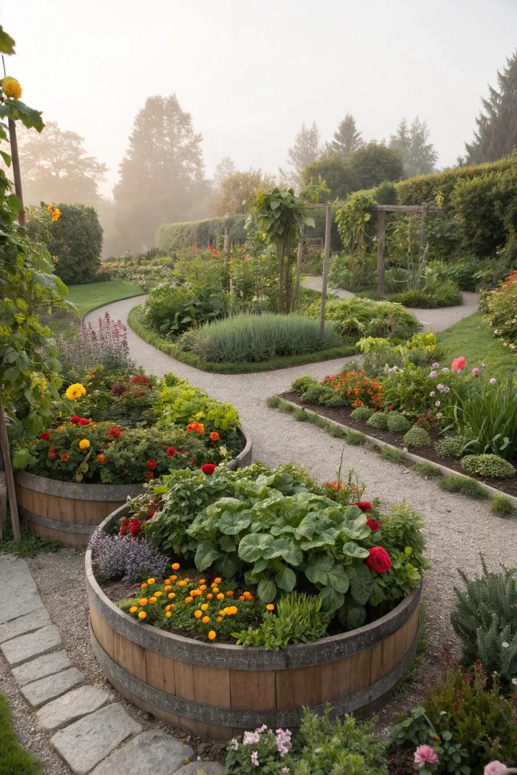 Round raised beds enhance both accessibility and design.