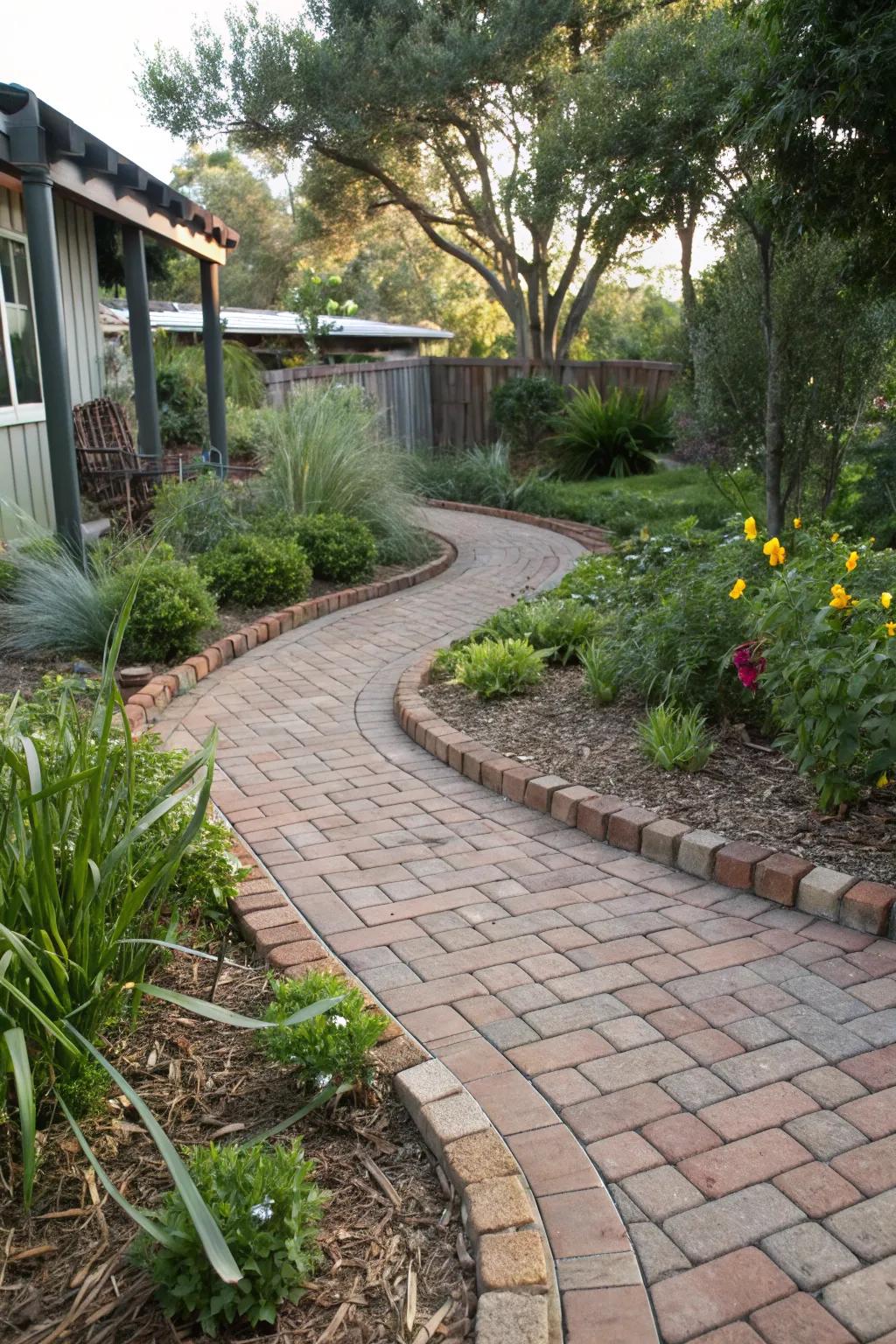 A recycled brick walkway merging sustainability with rustic charm.