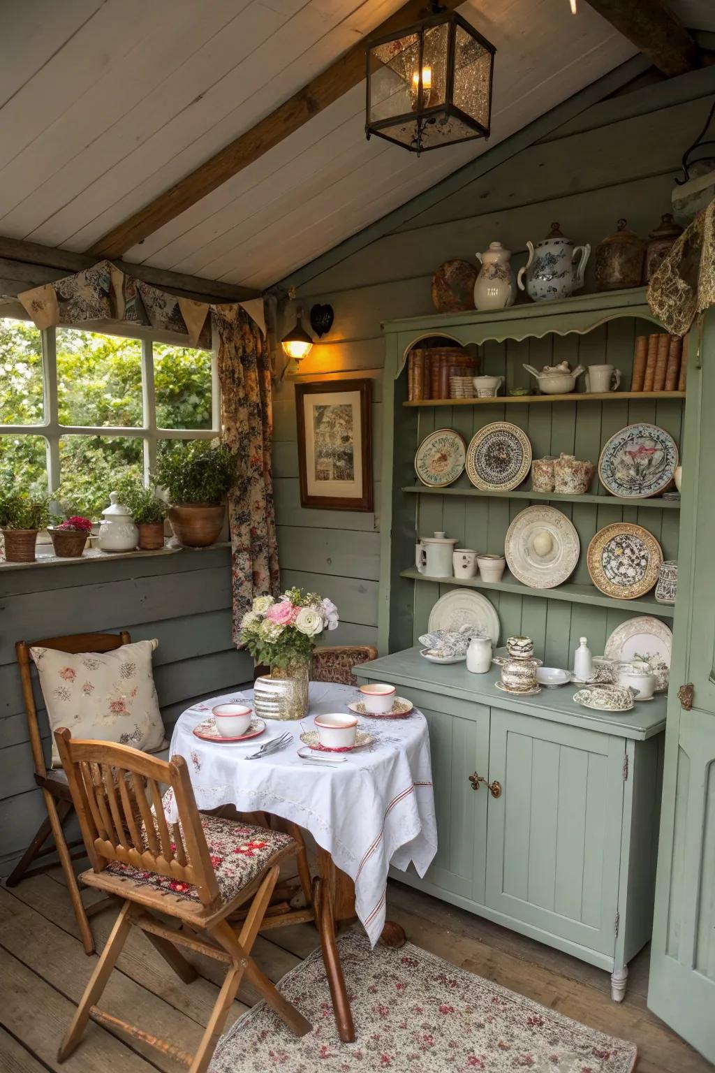 A vintage tea room with antique decor and a tea table.