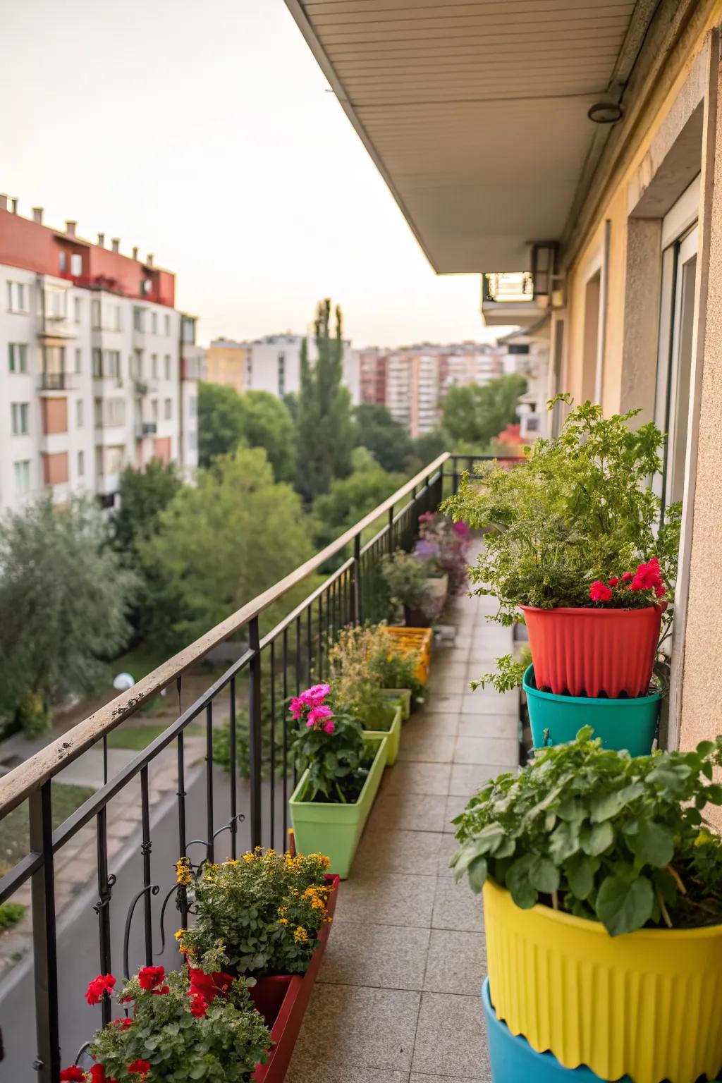 A small balcony featuring vibrant planters for colorful accents.