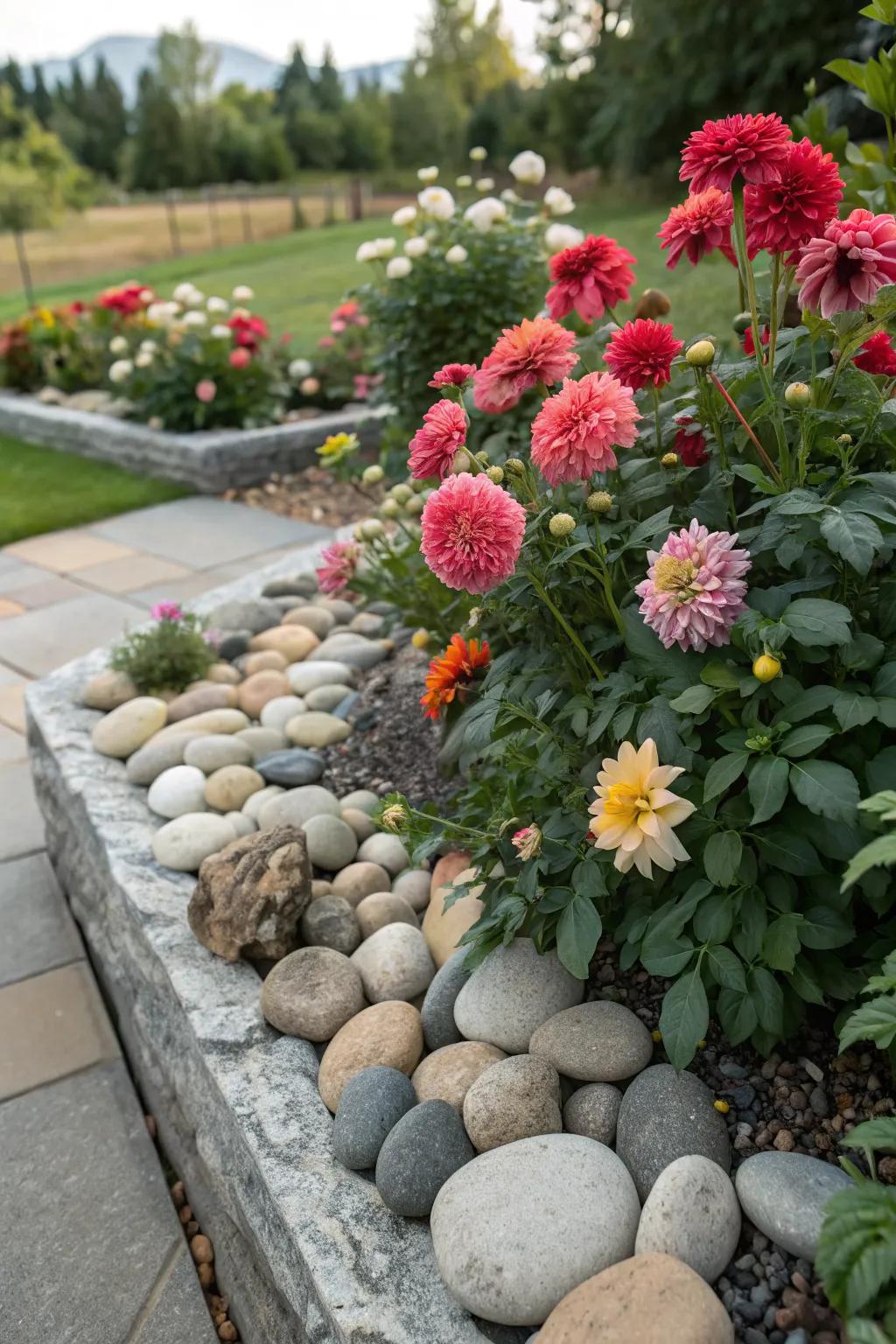 Stone elements provide texture and contrast in a dahlia garden.
