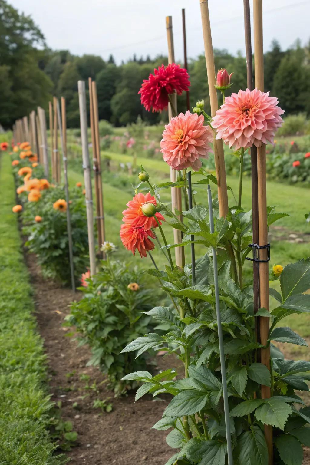Fiberglass stakes offering flexible support for dahlias.
