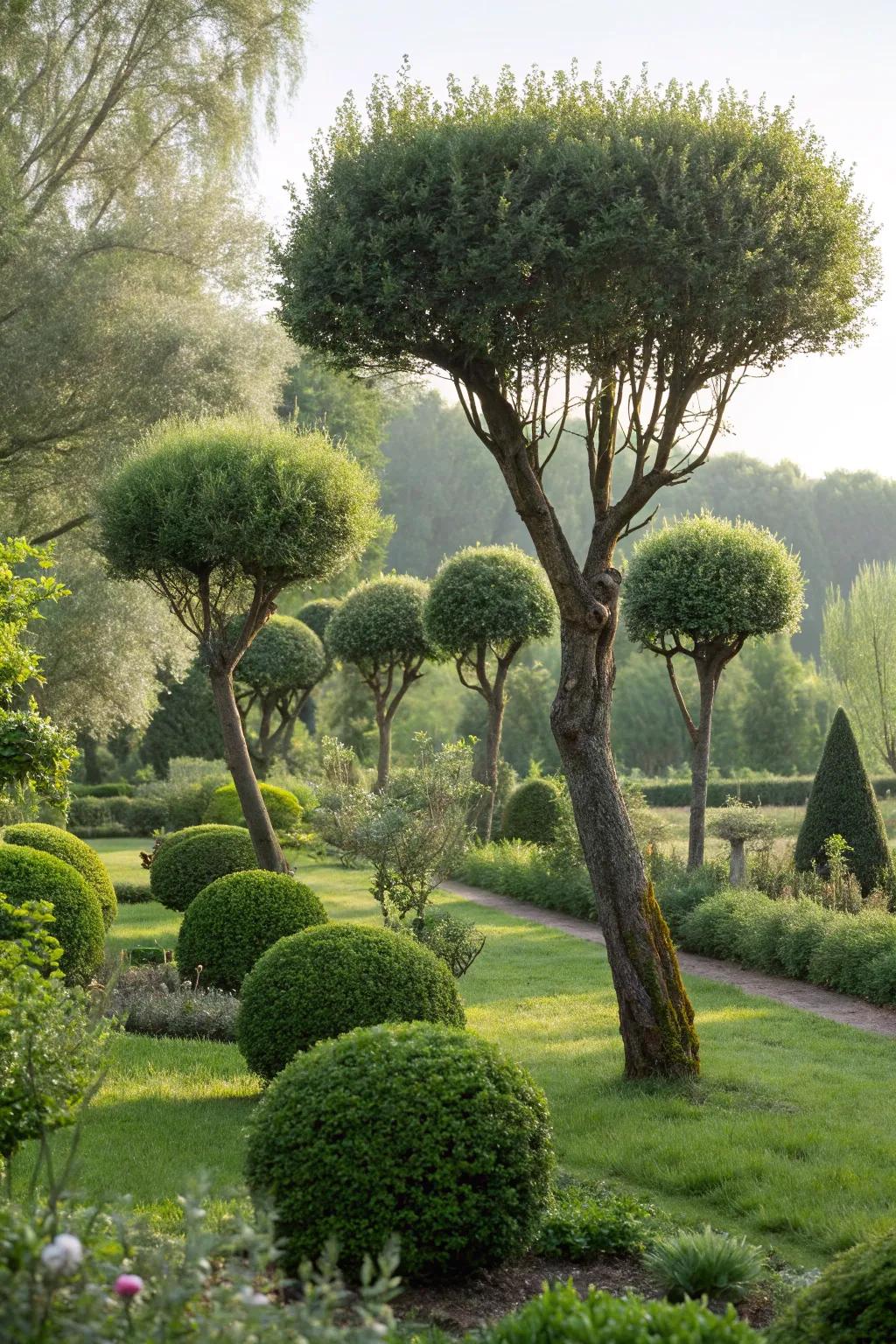 Topiary dappled willows bring an artistic touch to the garden.