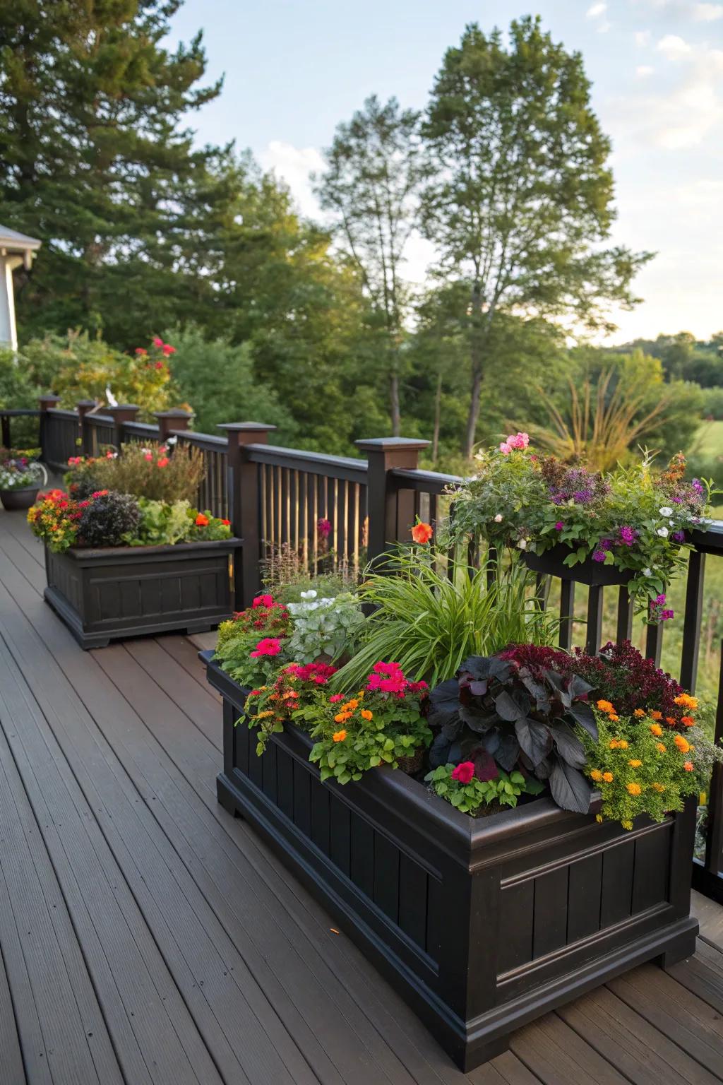 Built-in planters add lush greenery to the deck.