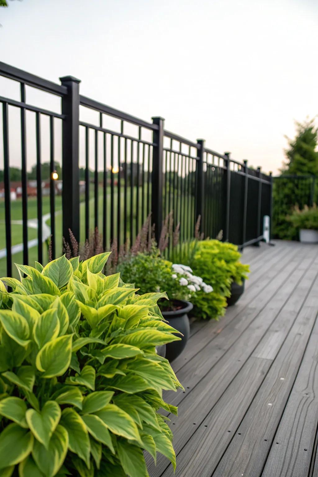 A dramatic black fence creating contrast and elegance.