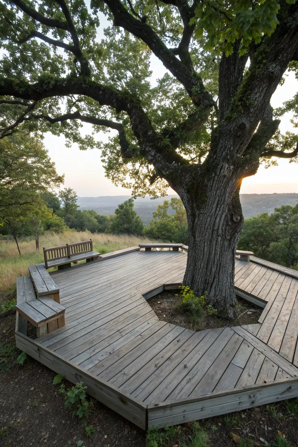 Unusual deck shapes add a custom touch that complements your tree's natural growth.