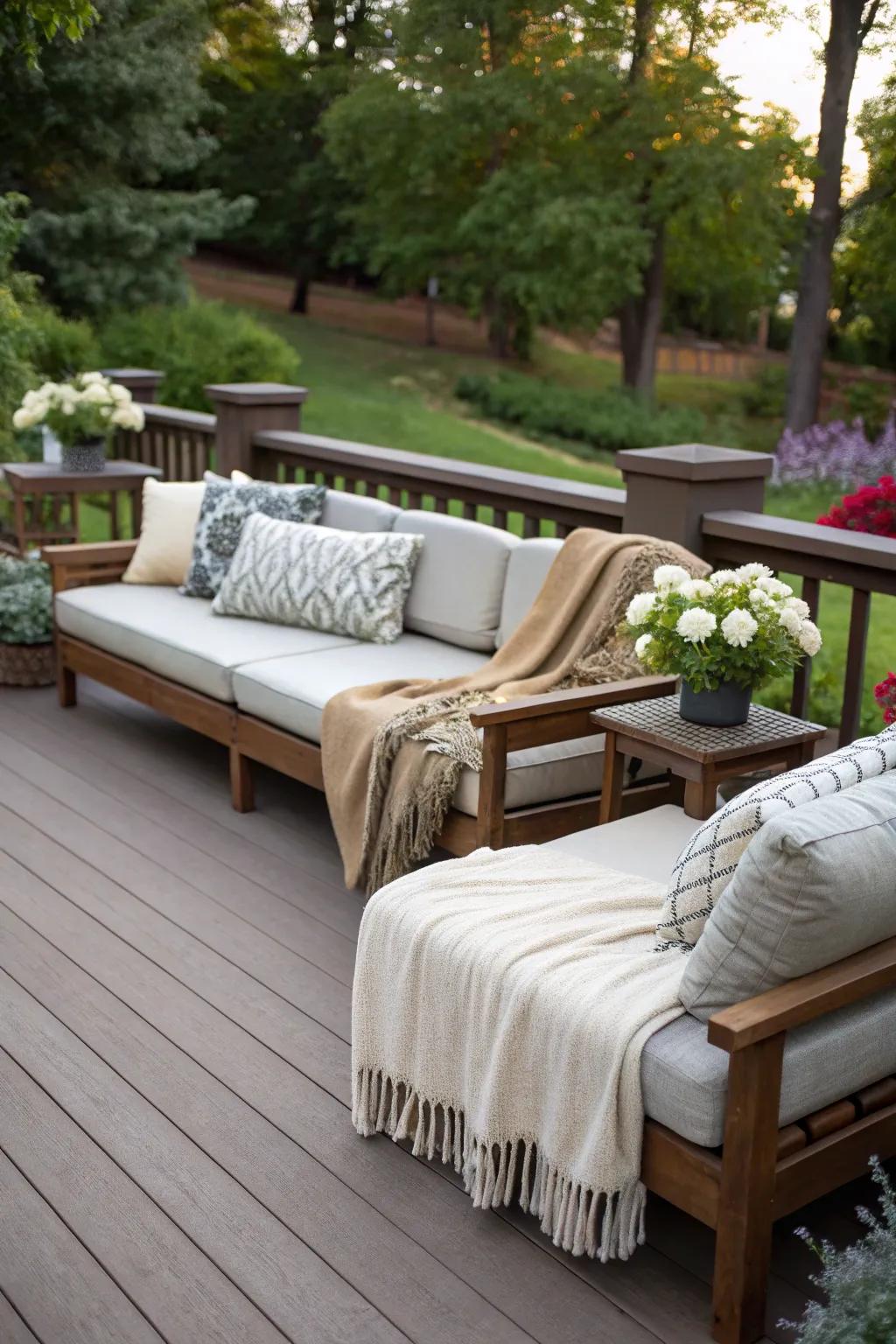 Deep-seated benches invite relaxation and comfort.