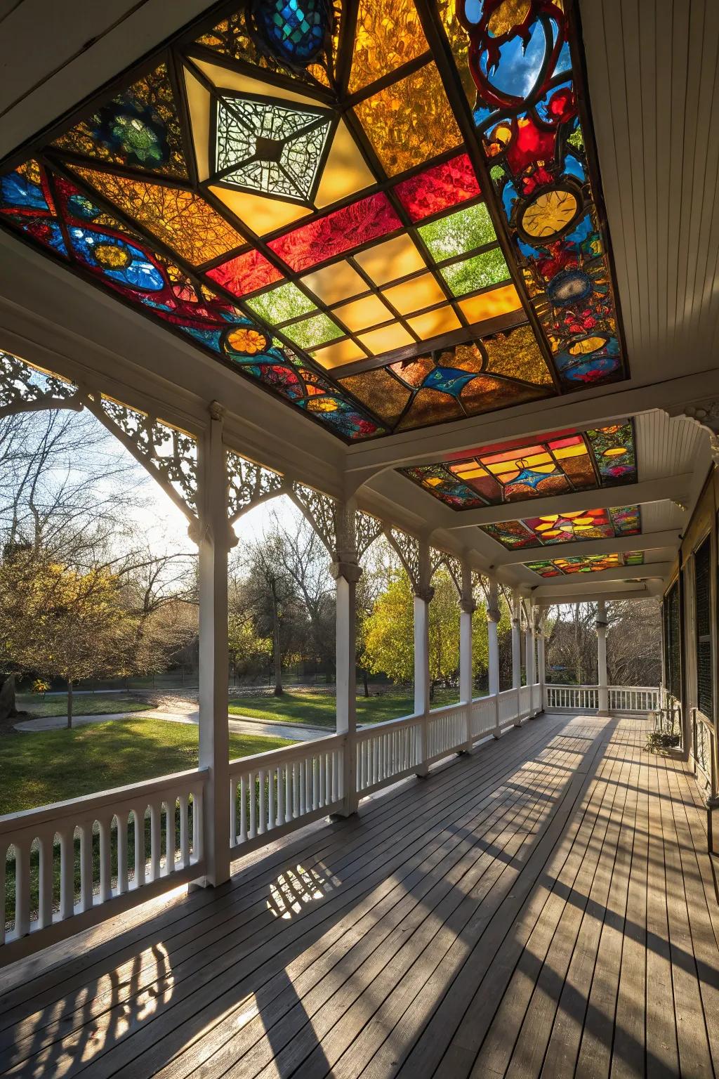 Stained glass panels turn your ceiling into a vibrant work of art.