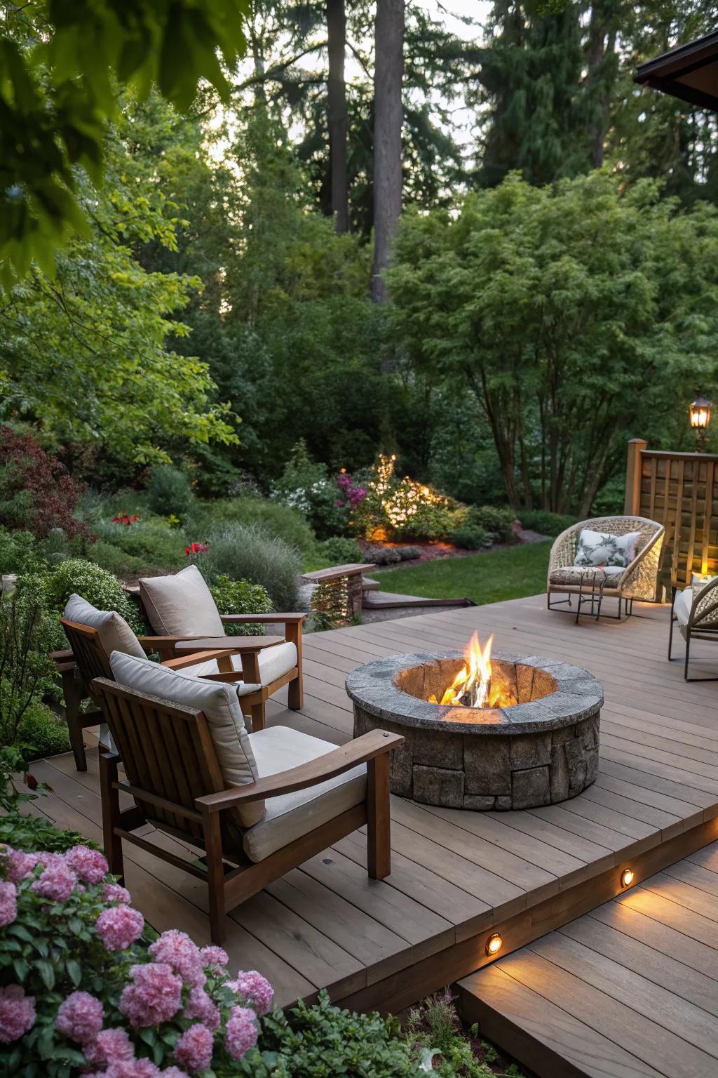 A fire pit adds warmth and a focal point to the deck.