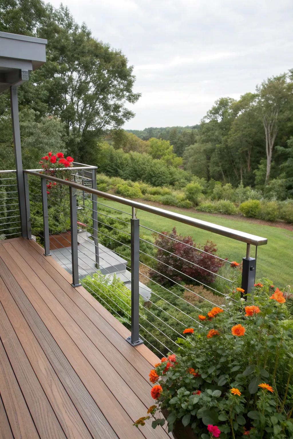 Deck landing with cable railing overlooking the garden.