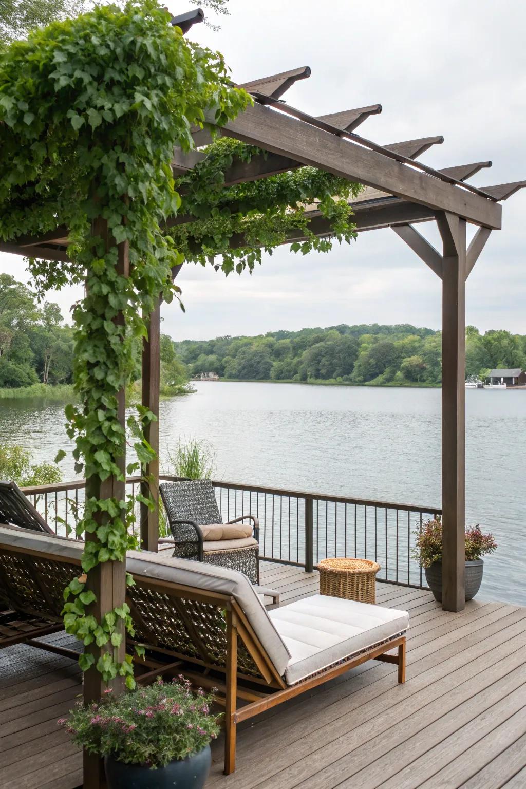 A deck enhanced with a stylish pergola for shade.