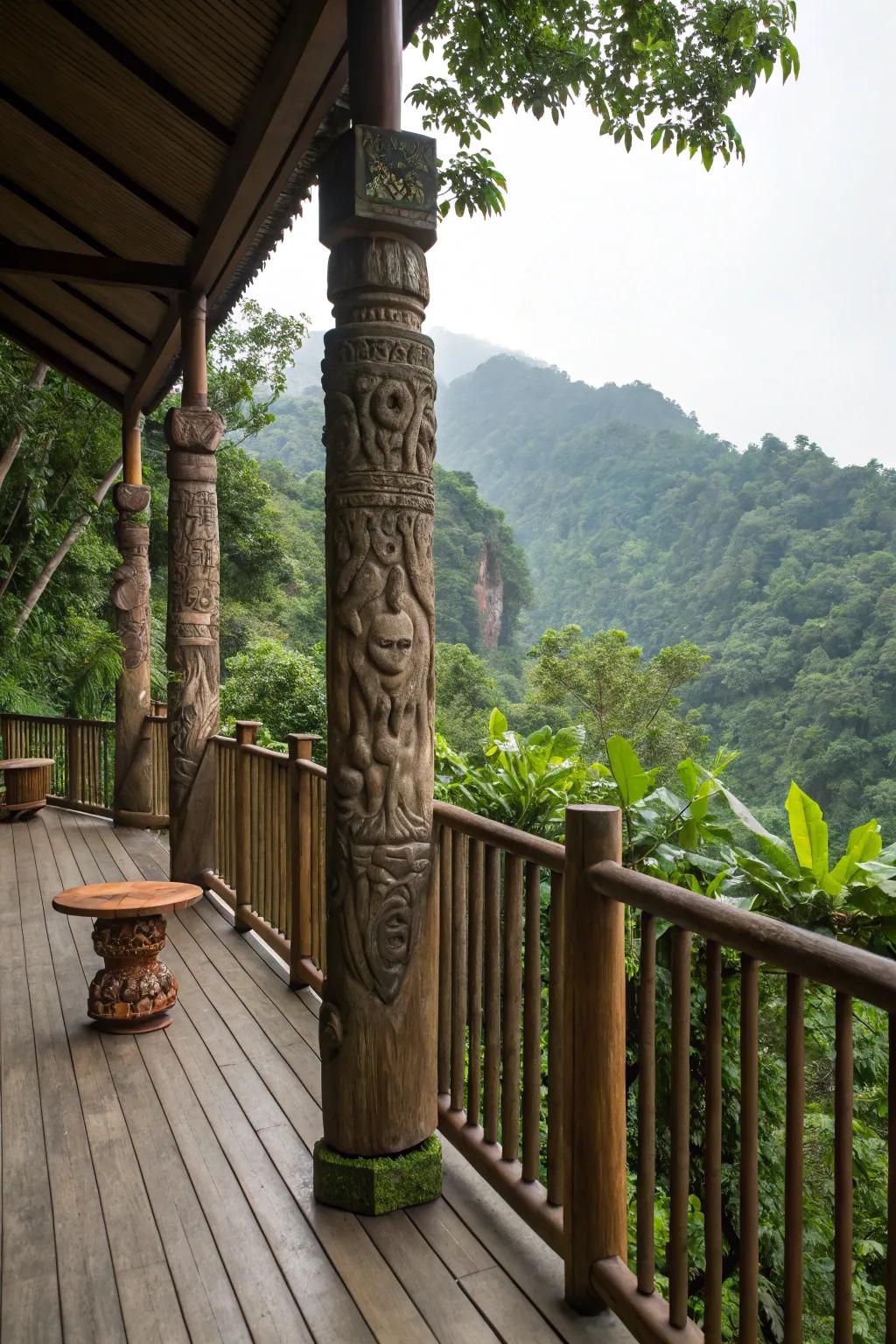 Artistic carvings and sculptures transform deck posts into eye-catching features.