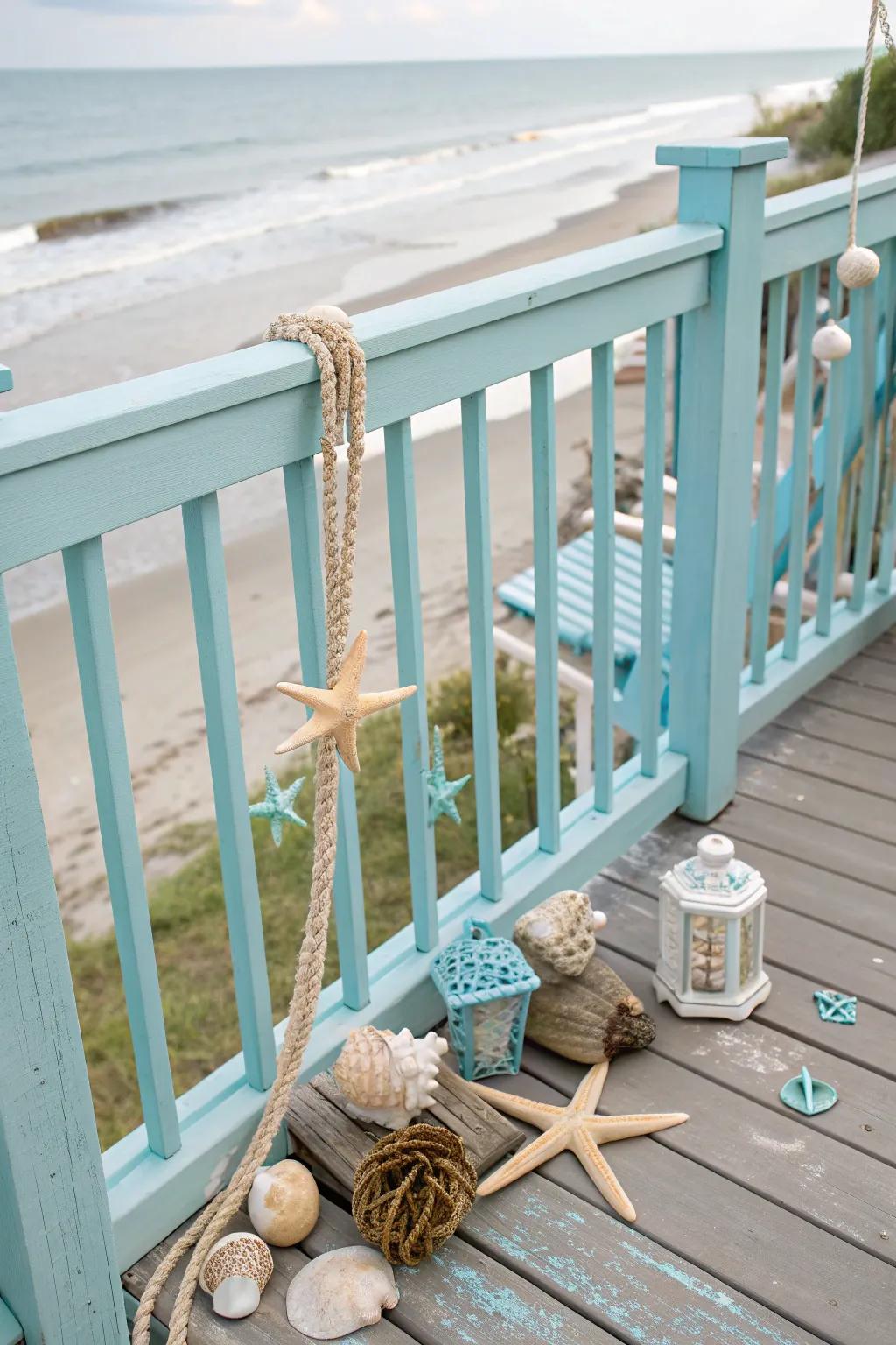 Pastel blue railings evoke the tranquility of a beachside retreat.