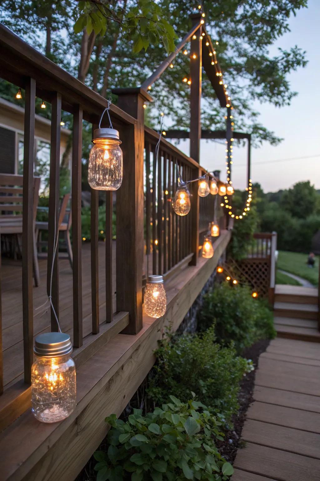 Mason jar lights add a vintage charm to the deck.