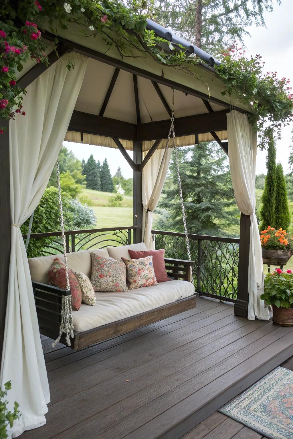 A covered swing provides a relaxing and charming deck feature.