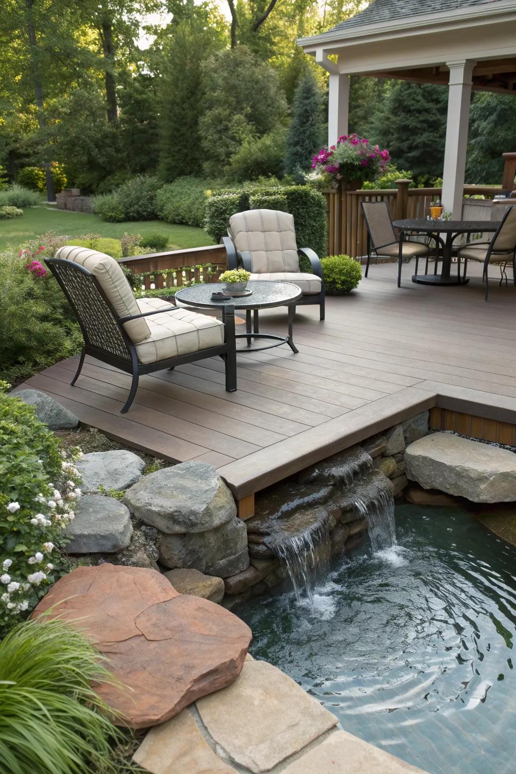 A deck enhanced by the soothing presence of a water feature.