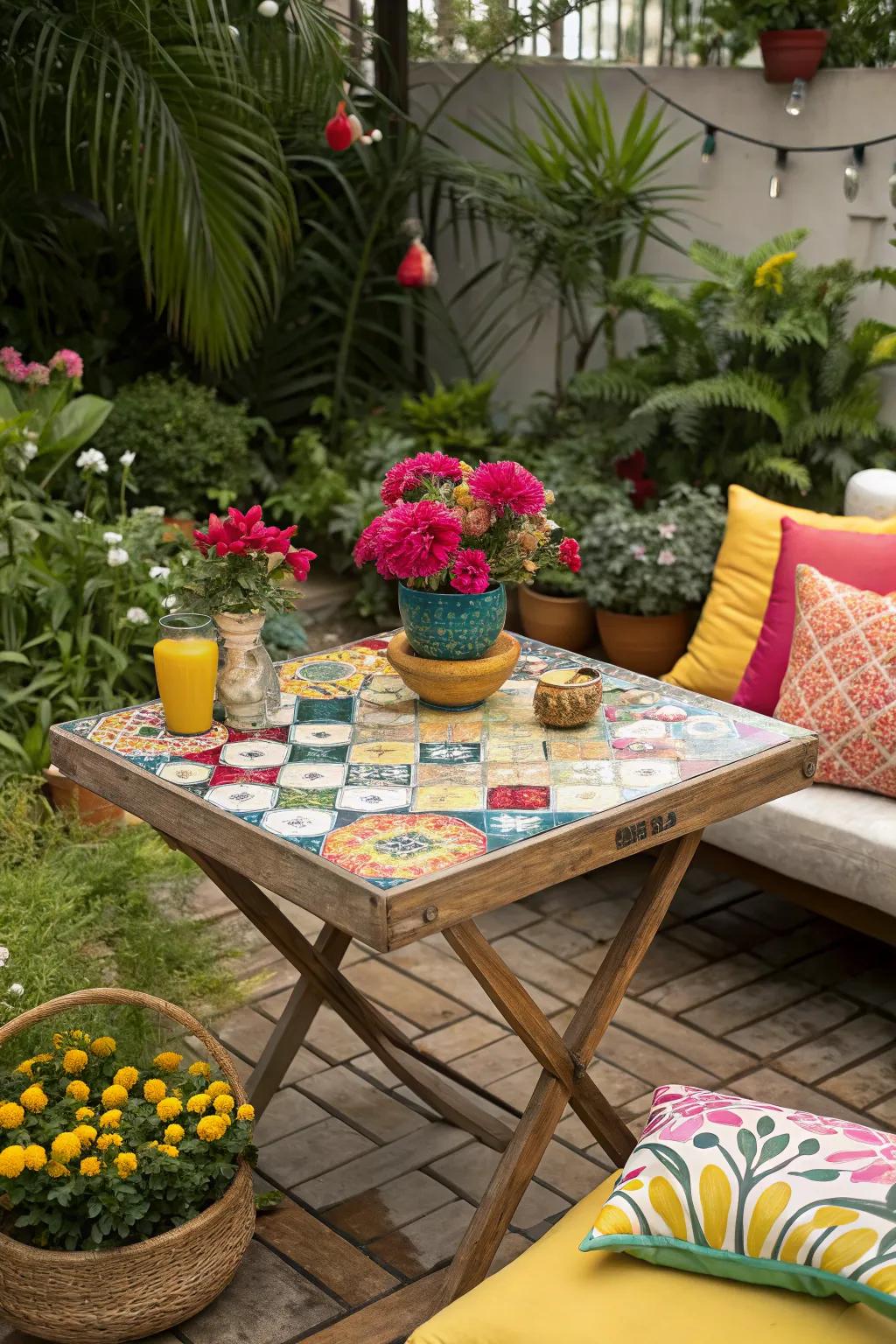 Brighten your space with a vibrant tile tabletop.