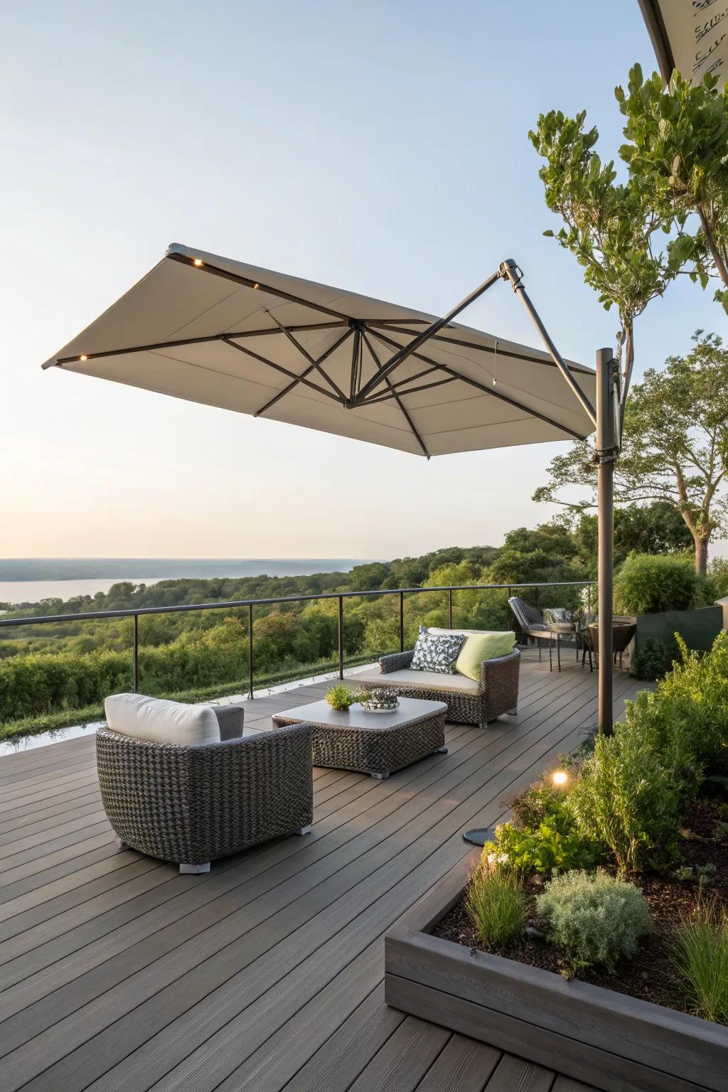 Enjoy shade and views with a cantilevered umbrella awning.