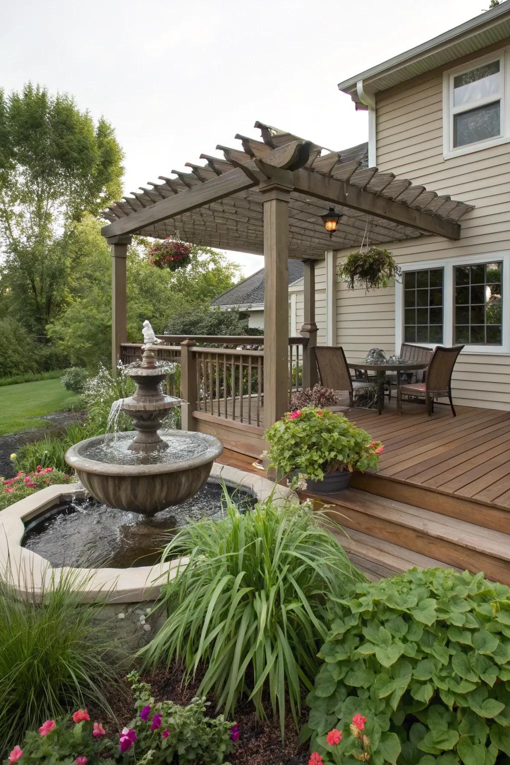 A water feature adds tranquility and a soothing ambiance.