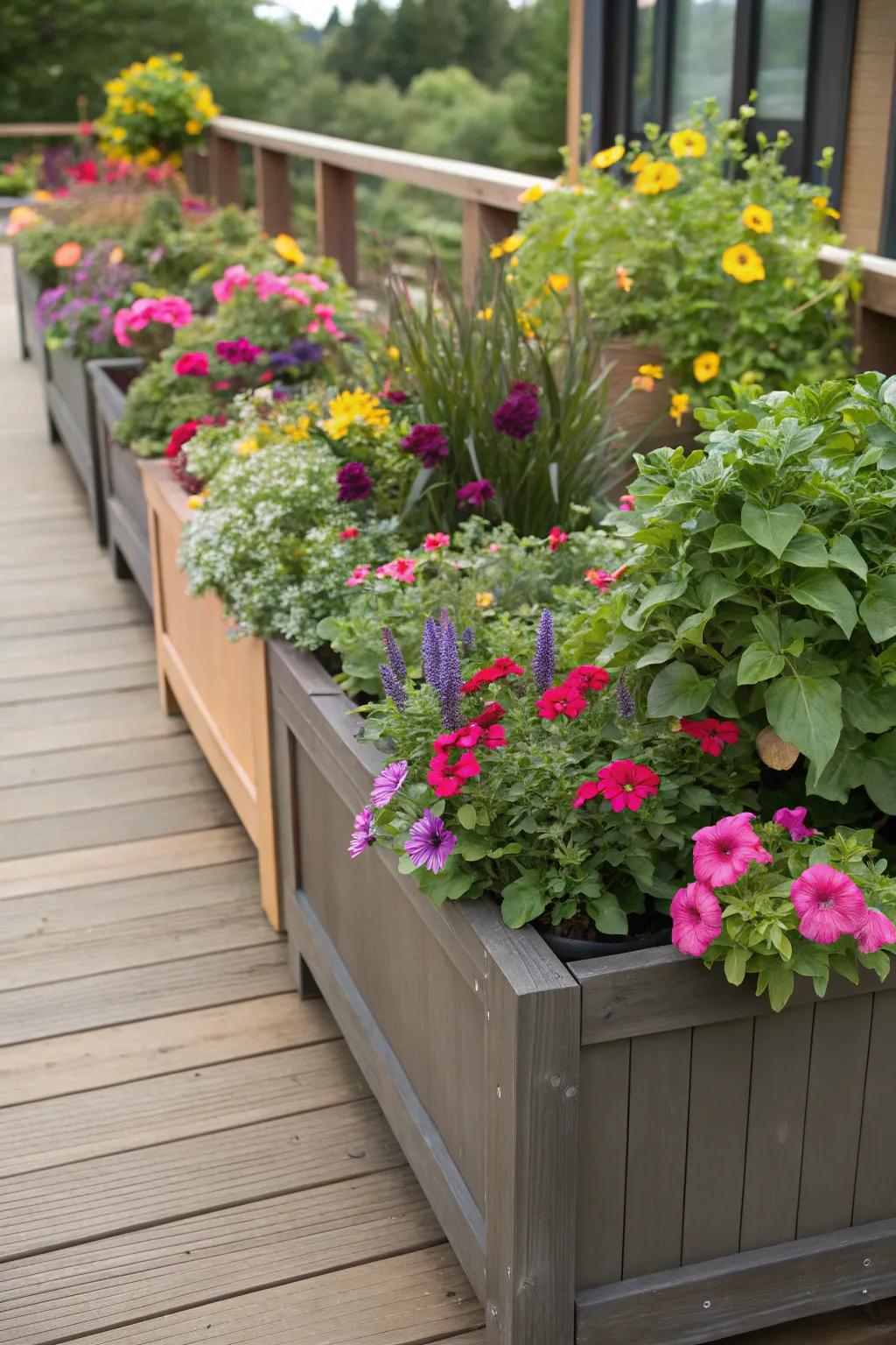 Colorful planters create a joyful, lively deck environment.