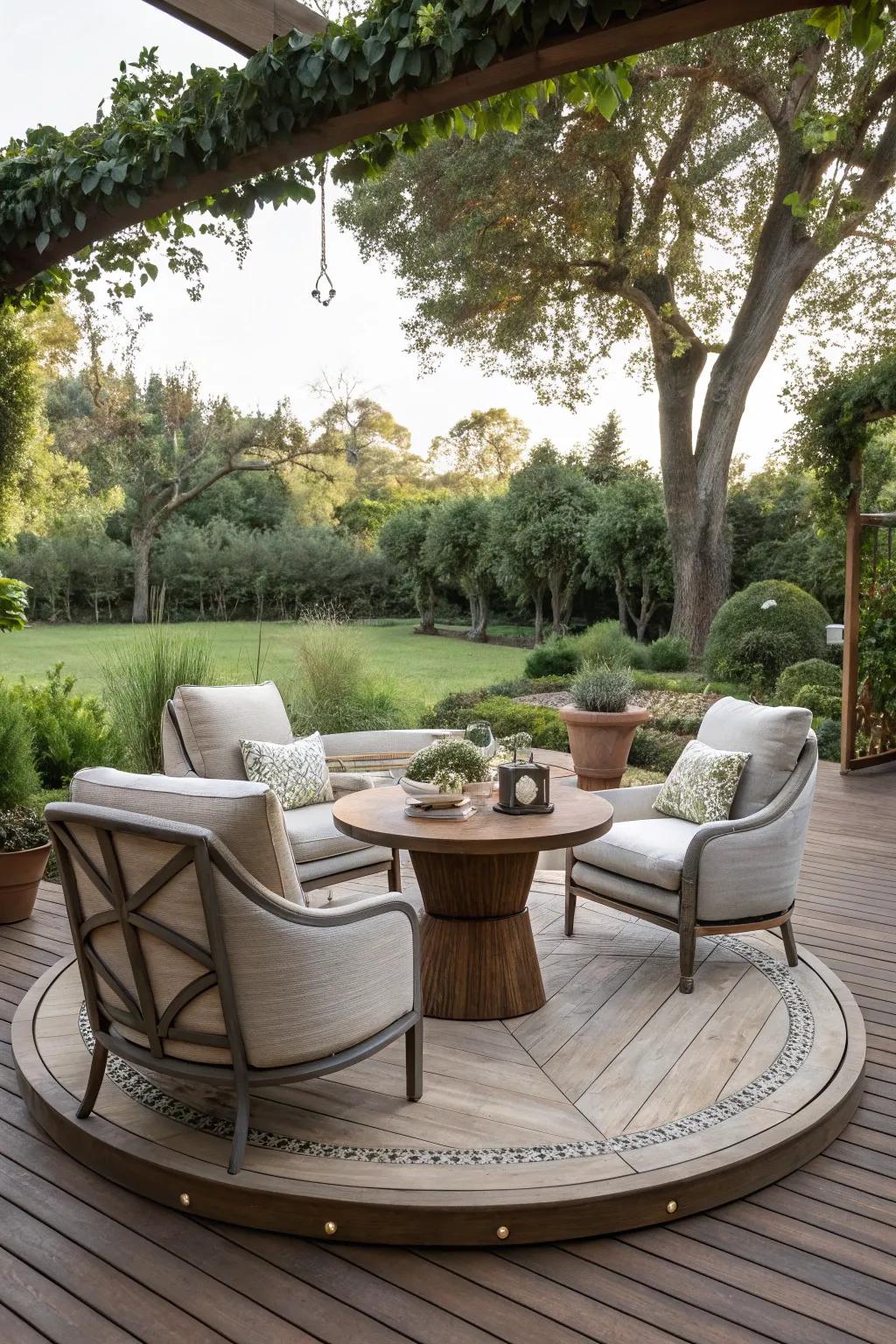 A creatively designed circular deck, offering a unique outdoor experience.