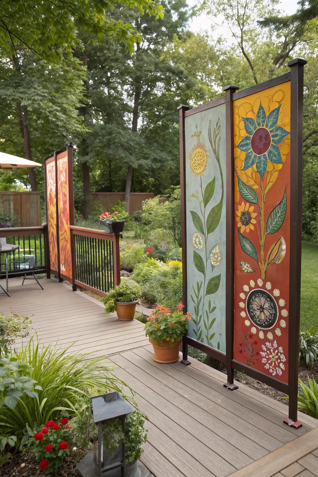 Outdoor art panels offer privacy with a touch of personal style.