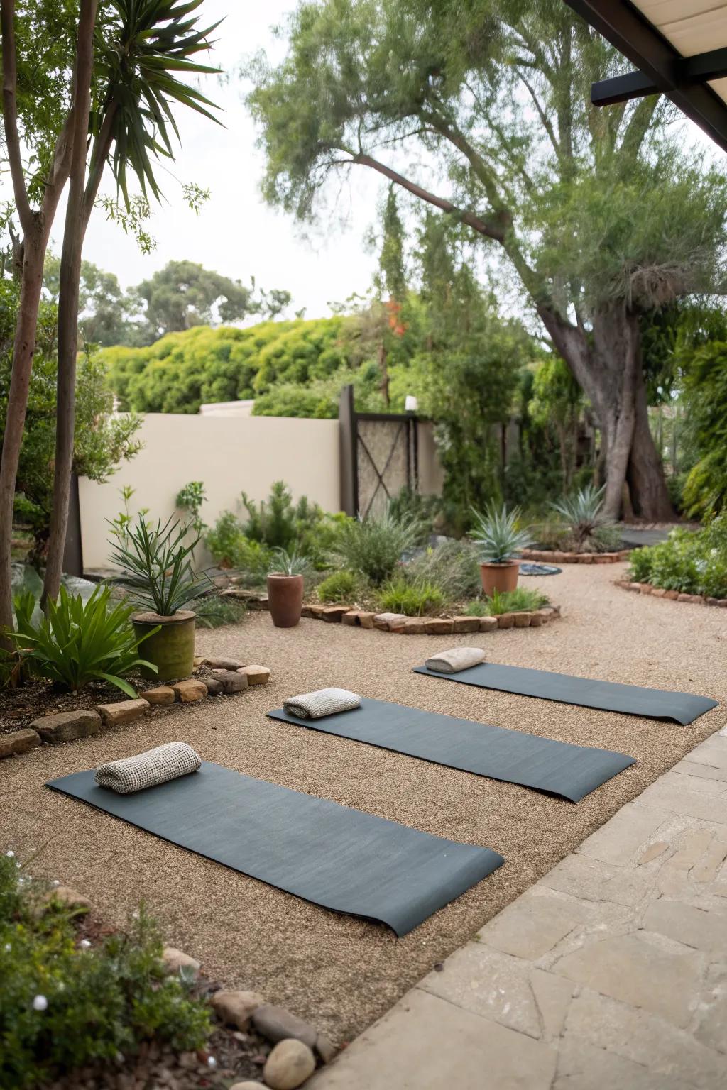 A relaxing yoga area on decomposed granite enhances your practice.