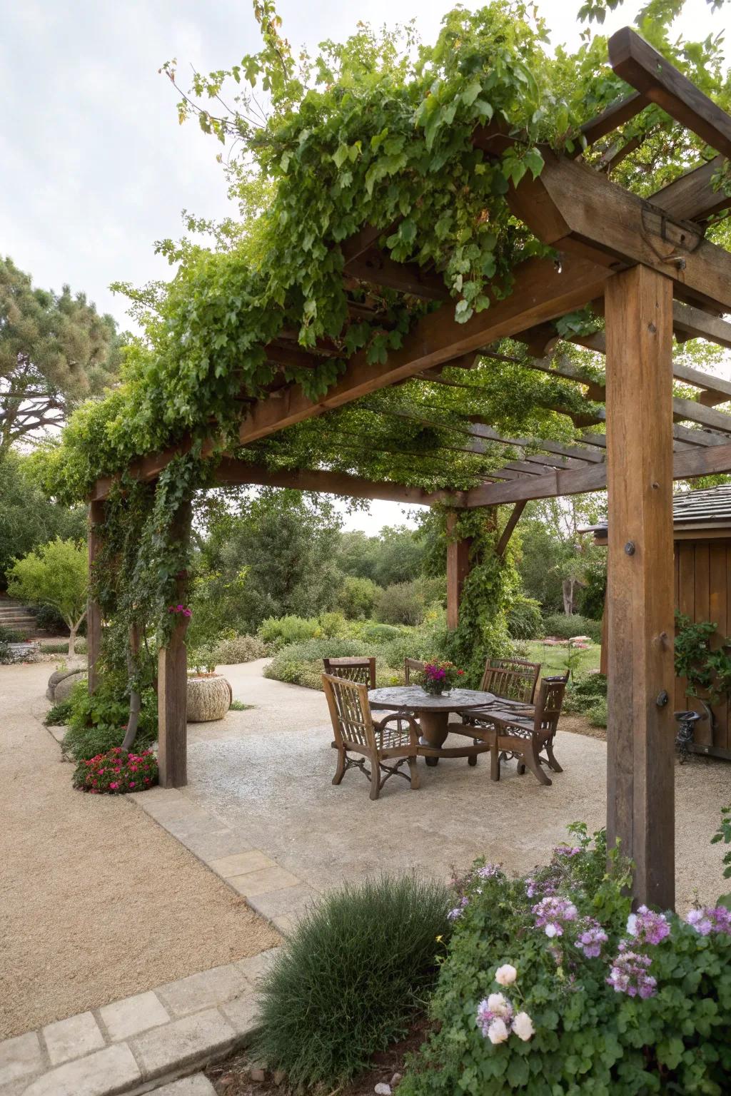 A charming pergola provides shade on a decomposed granite patio.