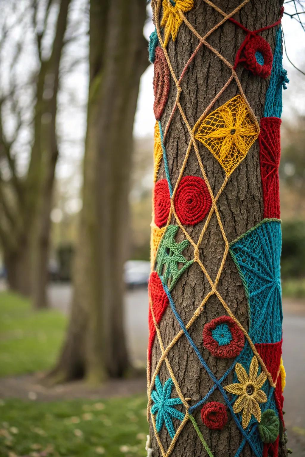 Yarn bombs add a bold and artistic statement to your outdoor trees.