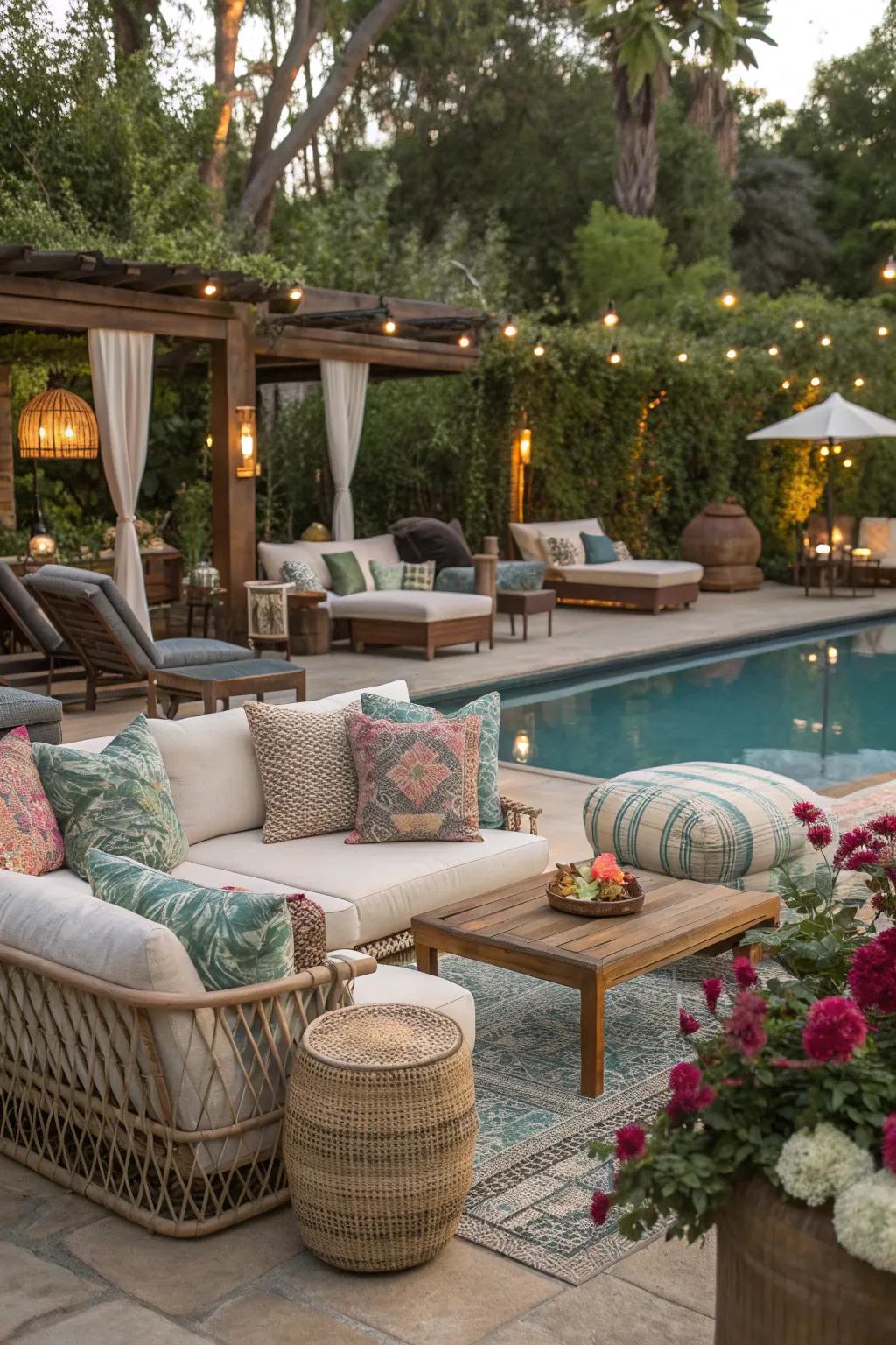 Mixed seating styles add character to the pool area.