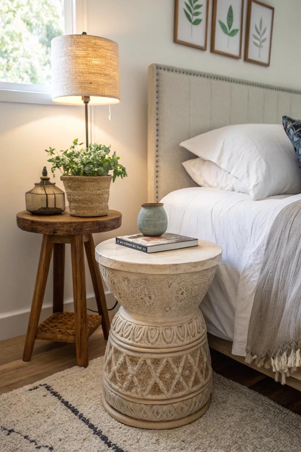 A minimalist bedroom where a garden stool serves as a unique nightstand.