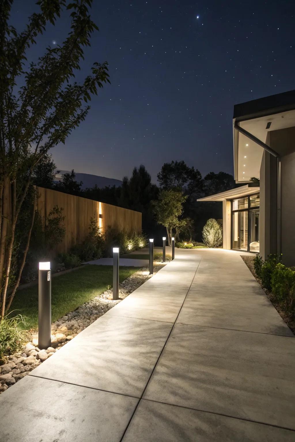 Driveway lighting enhances beauty and safety.