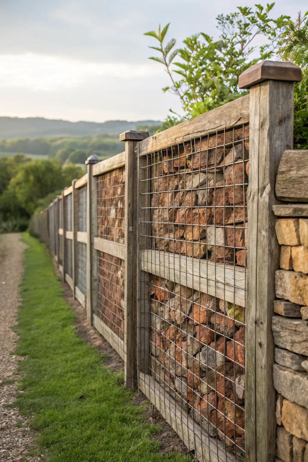 Reclaimed bricks and timber give this gabion fence a rustic charm that tells a story.