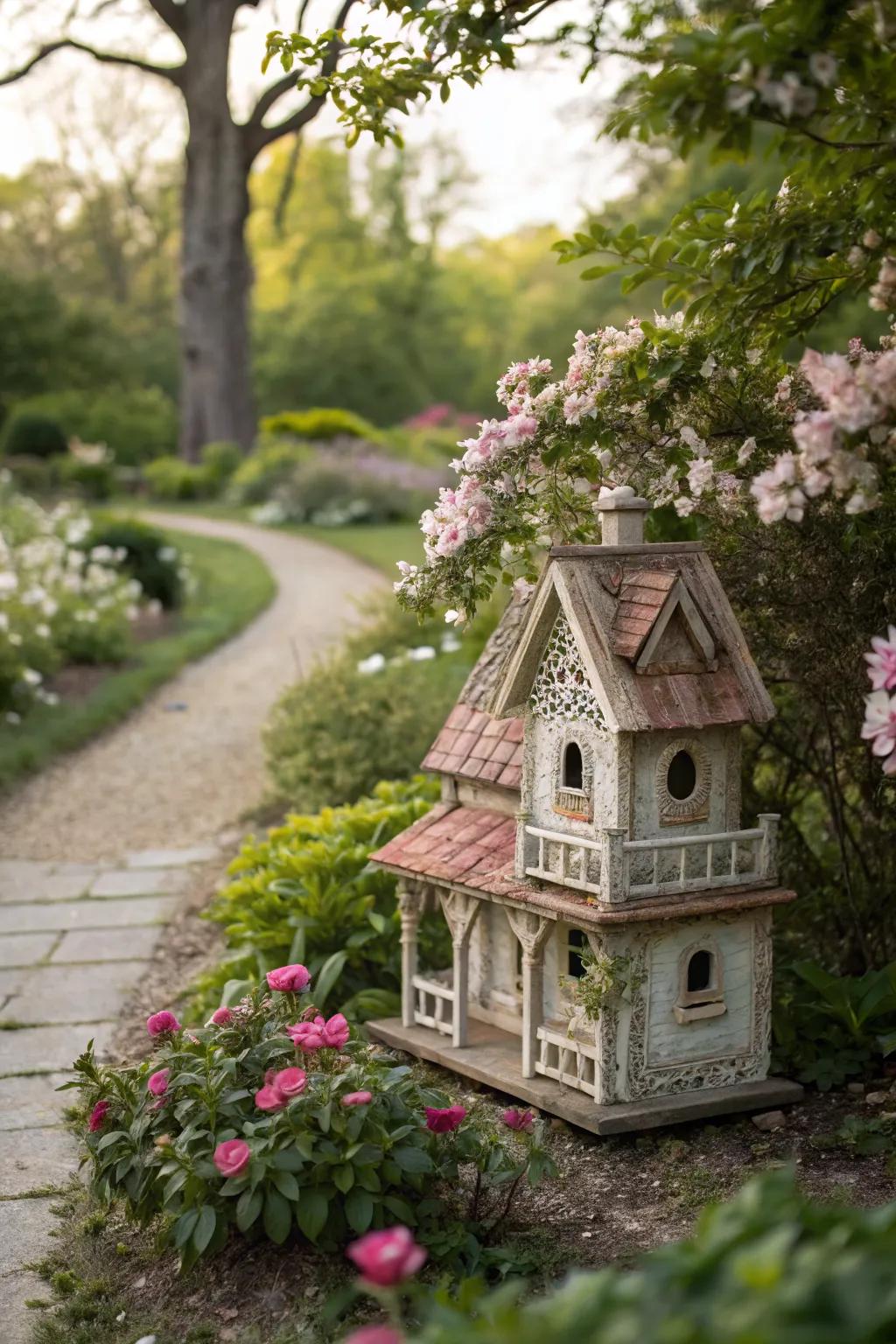 A charming birdhouse made from a vintage dollhouse.