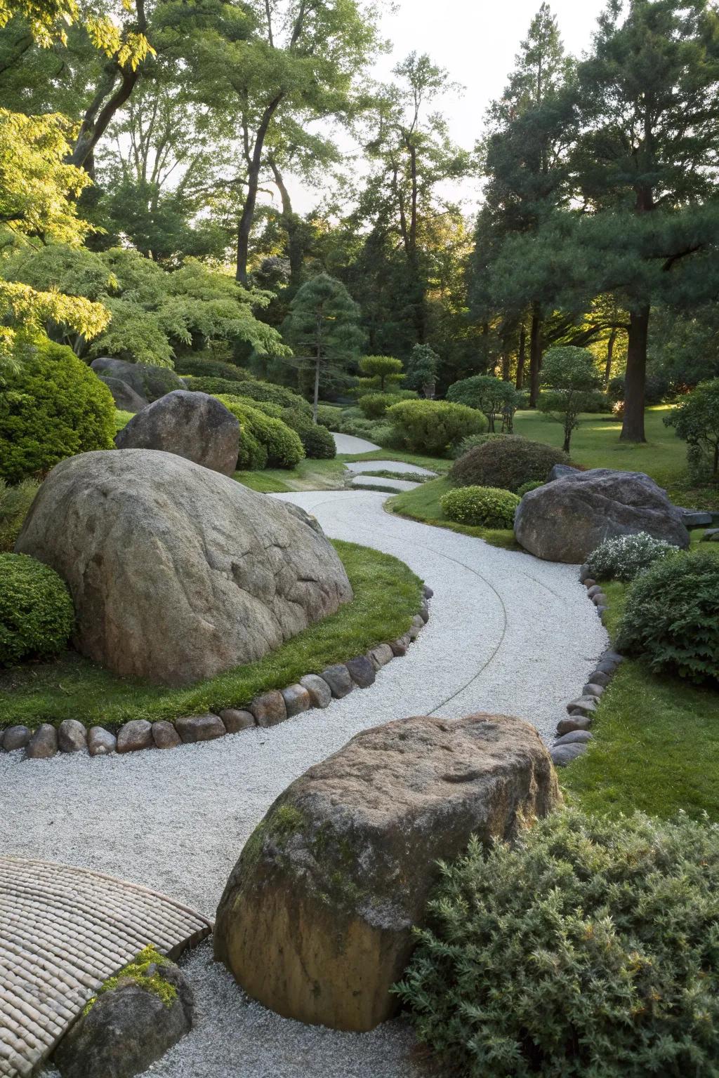 Boulders and gravel creating a harmonious garden landscape.