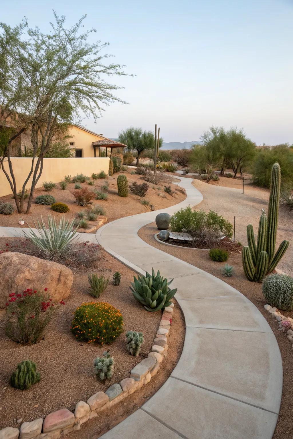 Curved lines create a softer, more organic feel in this desert front yard.