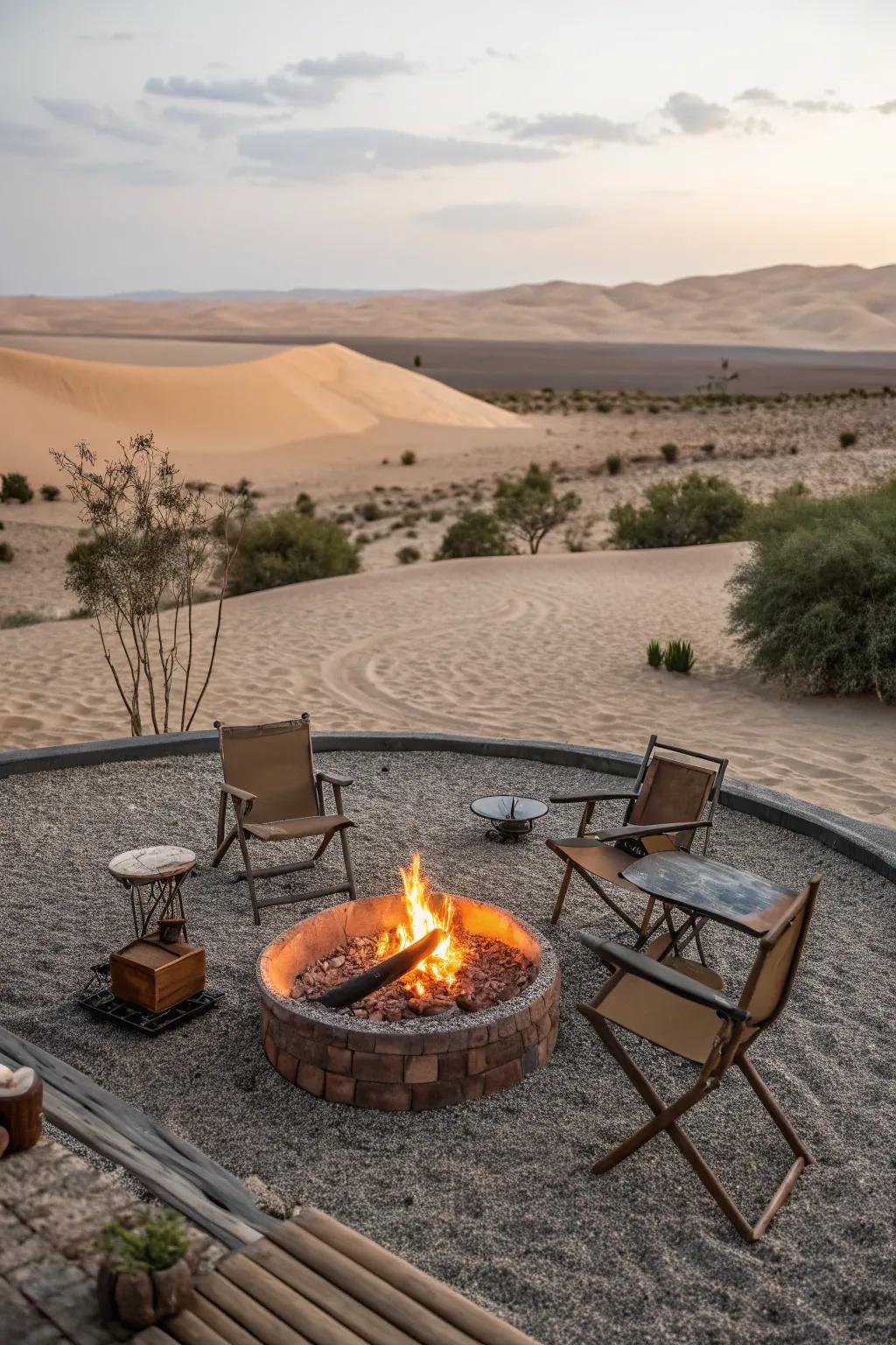 A fire pit creates a cozy gathering spot in the desert garden.