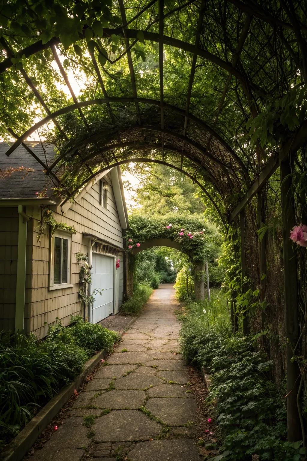 A whimsical trellis tunnel offering a secret garden feel.