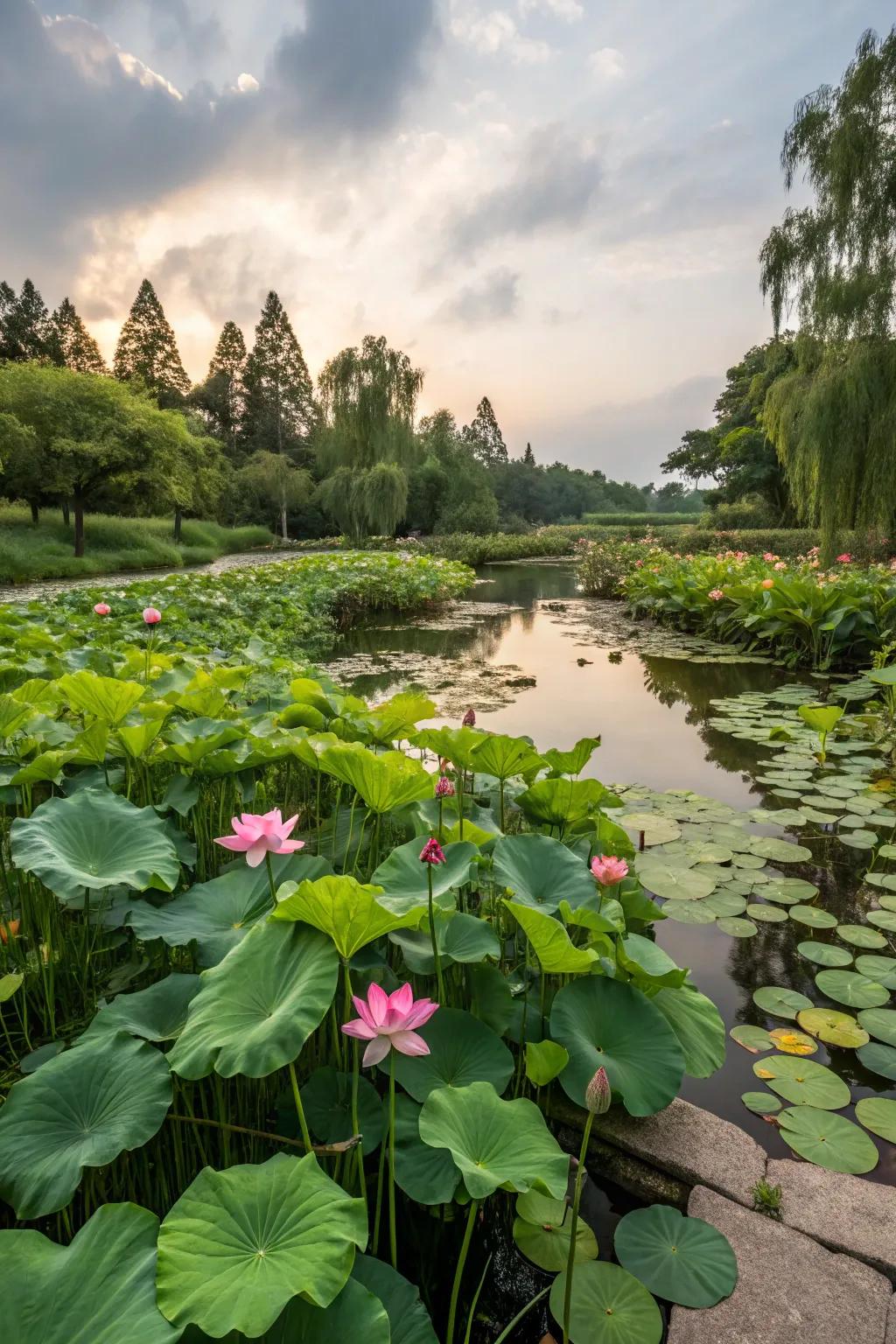 Aquatic plants thrive in wet areas, naturally managing water levels.