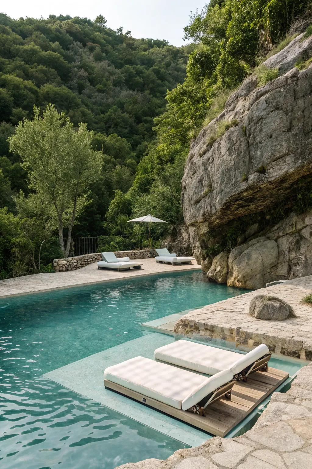 Floating platforms offer a fun and relaxing poolside experience.